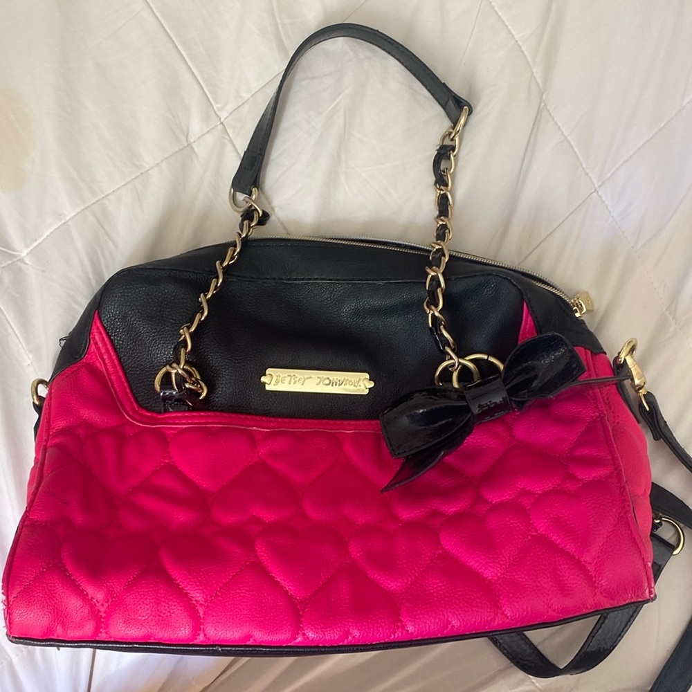 Pink and black Betsey Johnson purse with bow